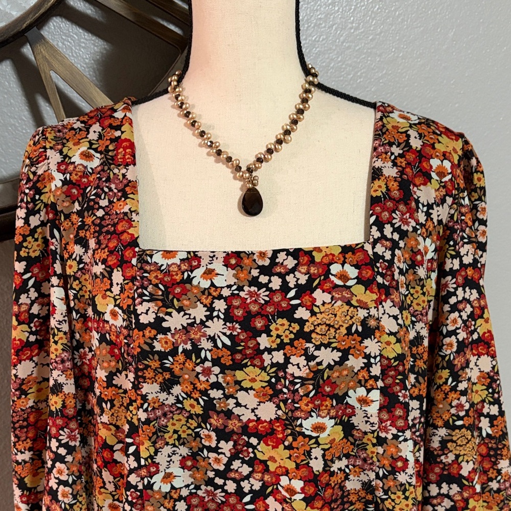 Floral Square-Neck Mini Dress - Rust Multi - Picture 2 of 7